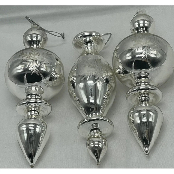 Vintage Set 3  Large Blown Glass Silver Finial Ornaments 6" - Picture 1 of 9